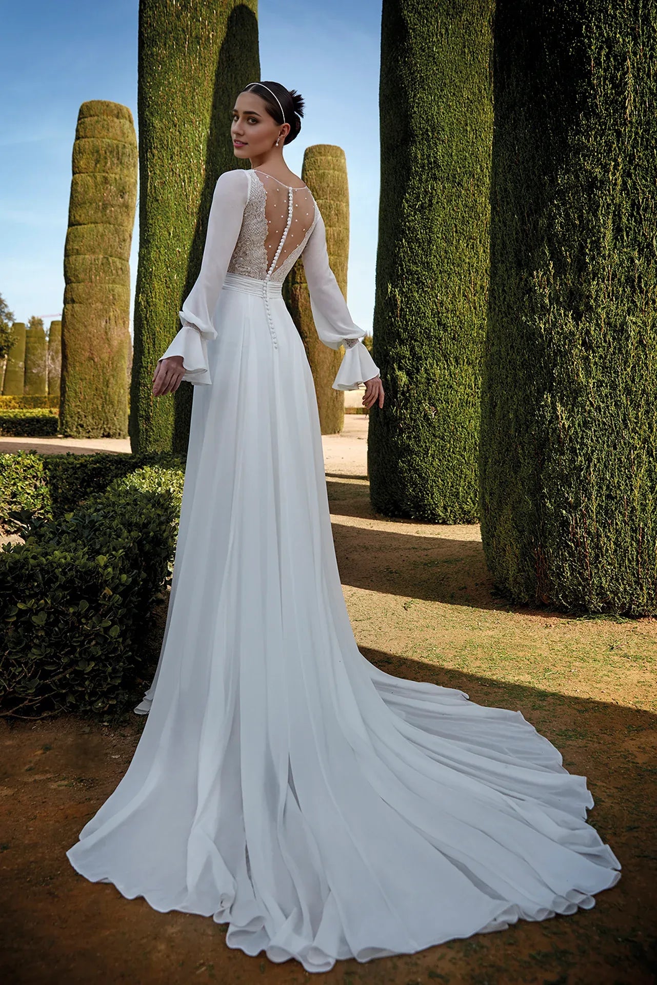 Dress For Wedding Ivory Long-sleeved Flared A-line Lace V Neck With Sheer Back Wedding Dress Formal Women's Dresses